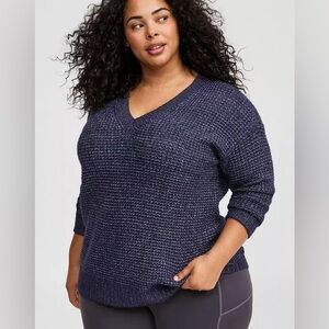 Torrid Waffle Knit Drop Shoulder V-Neck Pullover Sweater Blue Peacoat NWT Size L